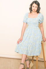 Light Blue Floral Puff Sleeve Smocked Chest Dress