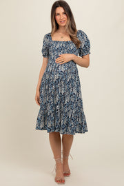 Navy Blue Floral Puff Sleeve Smocked Chest Maternity Dress