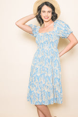 Blue Floral Puff Sleeve Smocked Chest Dress