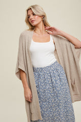 Cream Drop Shoulder Side Pocket 3/4 Sleeve Cardigan