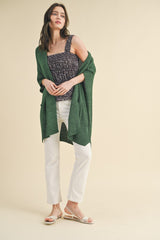 Forest Green Drop Shoulder Side Pocket 3/4 Sleeve Cardigan