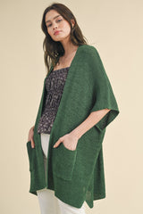 Forest Green Drop Shoulder Side Pocket 3/4 Sleeve Cardigan