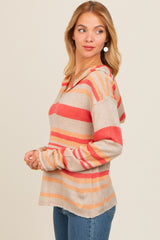 Beige Multi-Color Striped V-Neck Sweater