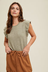 Olive Striped Ruffle Sleeve Top