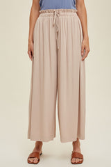 Beige Pleated Elastic Waist Wide Leg Crop Pants