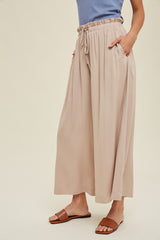 Beige Pleated Elastic Waist Wide Leg Crop Pants