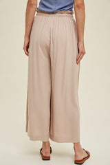 Beige Pleated Elastic Waist Wide Leg Crop Pants