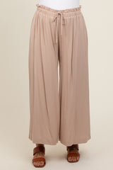 Beige Pleated Elastic Waist Wide Leg Crop Maternity Pants