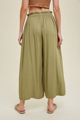 Olive Pleated Elastic Waist Wide Leg Crop Pants