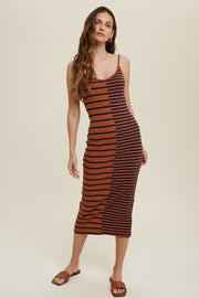 Brown Striped Ribbed Dress