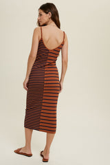 Brown Striped Ribbed Dress