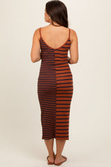 Brown Striped Ribbed Maternity Dress