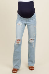 Light Blue Distressed Knee Wide Leg Maternity Jeans