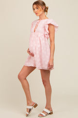 Pink Floral Split V-Neck Ruffle Sleeve Maternity Romper