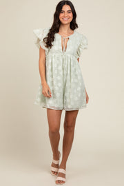 Sage Floral Split V-Neck Ruffle Sleeve Romper