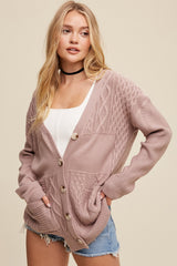 Mauve Cable Knit Cardigan Sweater