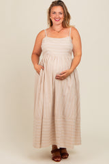 Beige Striped Cutout Back Maternity Plus Maxi Dress