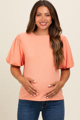 Peach Ribbed Puff Sleeve Maternity Top