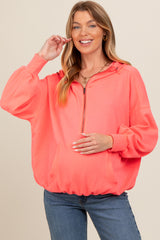 Coral Waffle Knit Half Zip Relaxed Fit Maternity Hoodie