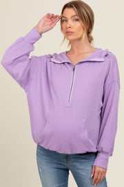 Lavender Waffle Knit Half Zip Relaxed Fit Maternity Hoodie