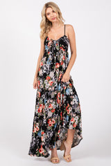 Black Floral Front Tie Maxi Dress