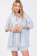 Light Blue Striped Button Down Top and Short Set