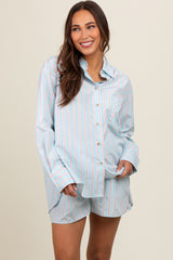 Light Blue Striped Button Down Top and Short Maternity Set