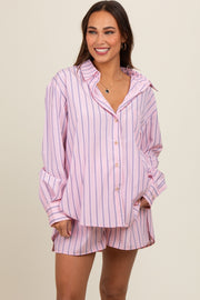 Pink Striped Button Down Top and Short Maternity Set