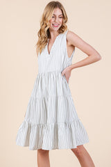 Off White Vertical Striped V Neck Sleeveless Midi Dress