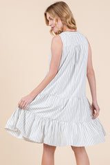 Off White Vertical Striped V Neck Sleeveless Midi Dress