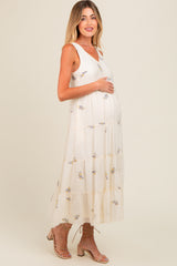 Lavender Ditsy Floral Embroidered V Neck Tiered Maternity Dress