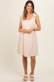 Beige Solid Tie-Shoulder Scoop Neck Maternity Dress