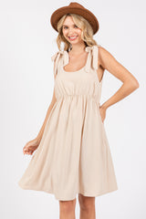 Beige Solid Tie-Shoulder Scoop Neck Dress