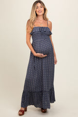 Navy Smocked Sleeveless Floral Maternity Maxi Dress