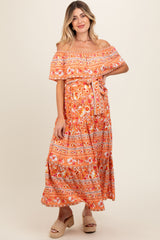 Peach Floral Off Shoulder Maternity Maxi Dress