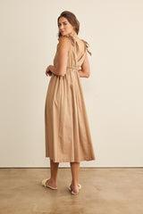 Mocha Linen Shoulder Tie Midi Dress