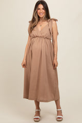 Mocha Linen Shoulder Tie Maternity Midi Dress