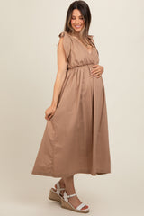 Mocha Linen Shoulder Tie Maternity Midi Dress