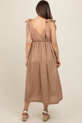 Mocha Linen Shoulder Tie Maternity Midi Dress