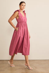 Magenta Linen Shoulder Tie Midi Dress