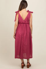 Magenta Linen Shoulder Tie Maternity Midi Dress