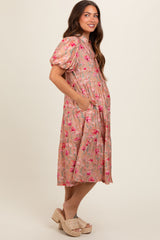 Peach Floral Button Down Tiered Maternity Midi Dress