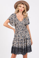 Navy Blue Floral Smocked V-Neck Tiered Dress