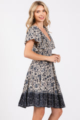 Navy Blue Floral Smocked V-Neck Tiered Dress