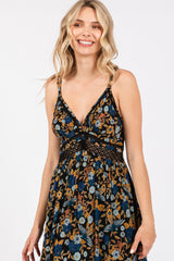 Black Floral Crochet Inset V-Neck Midi Dress