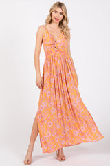 Orange Floral Front Cutout Side Slit Maternity Maxi Dress