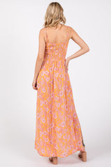 Orange Floral Front Cutout Side Slit Maxi Dress