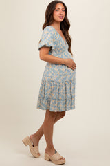 Light Blue Floral Smocked Short Sleeve Tiered Maternity Dress