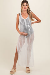 White Crochet V-Neck Side Slit Maternity Cover Up