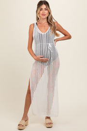 White Crochet V-Neck Side Slit Maternity Cover Up